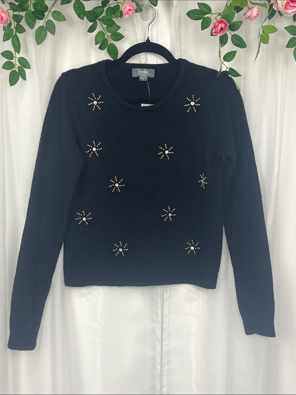 Belle by Belldini Womens Sweater M Black Silver Sparkly Stars Pullover Soft NWT